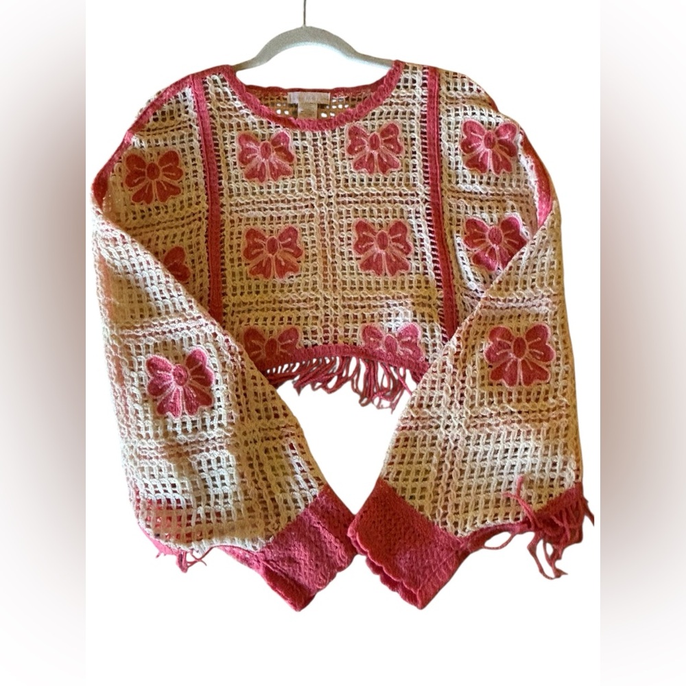 House of Harlow 1960 Crochet Knit Shawl Fringe Poncho - Picture 6 of 9